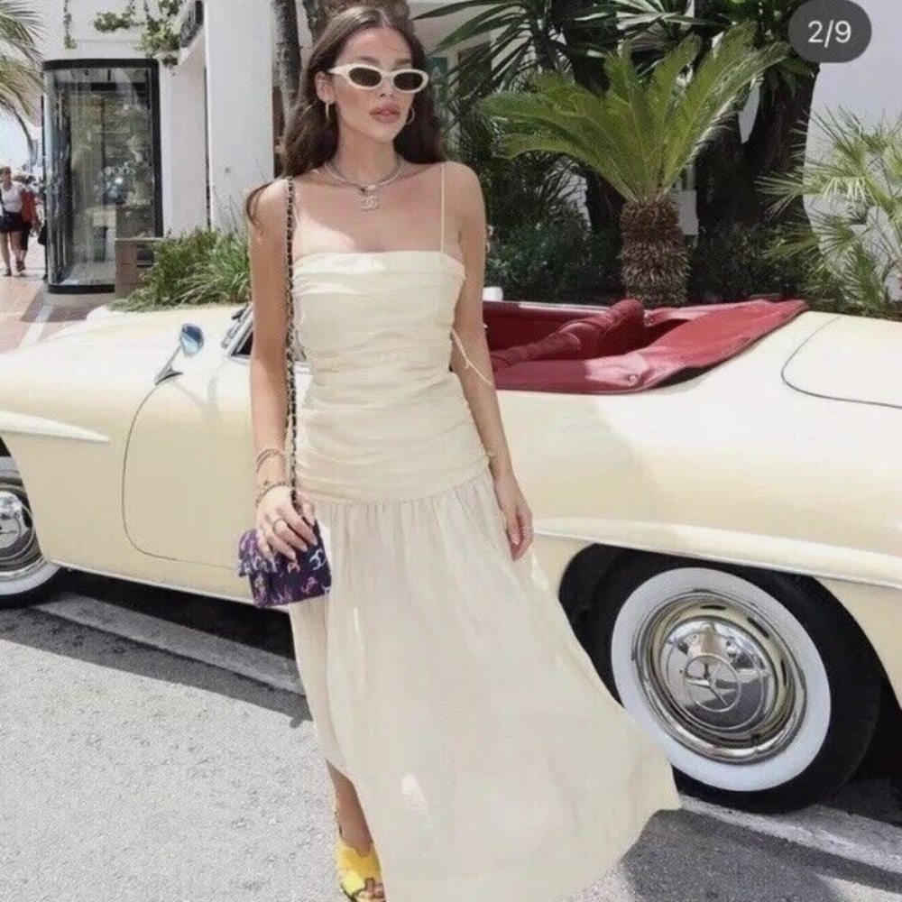 Zara Soft Yellow Ruched Bodice Midi Dress - Picture 10 of 11